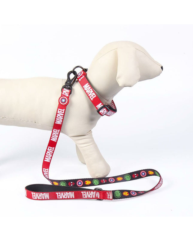 Red Marvel dog collar with Marvel logo and adjustable strap, made of durable material for pets.