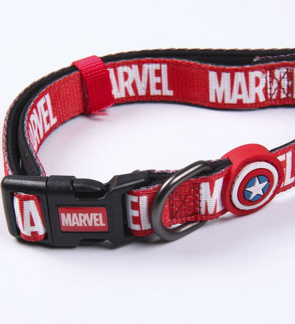 Red Marvel dog collar made of durable material, featuring a Marvel logo design for stylish pet accessories.