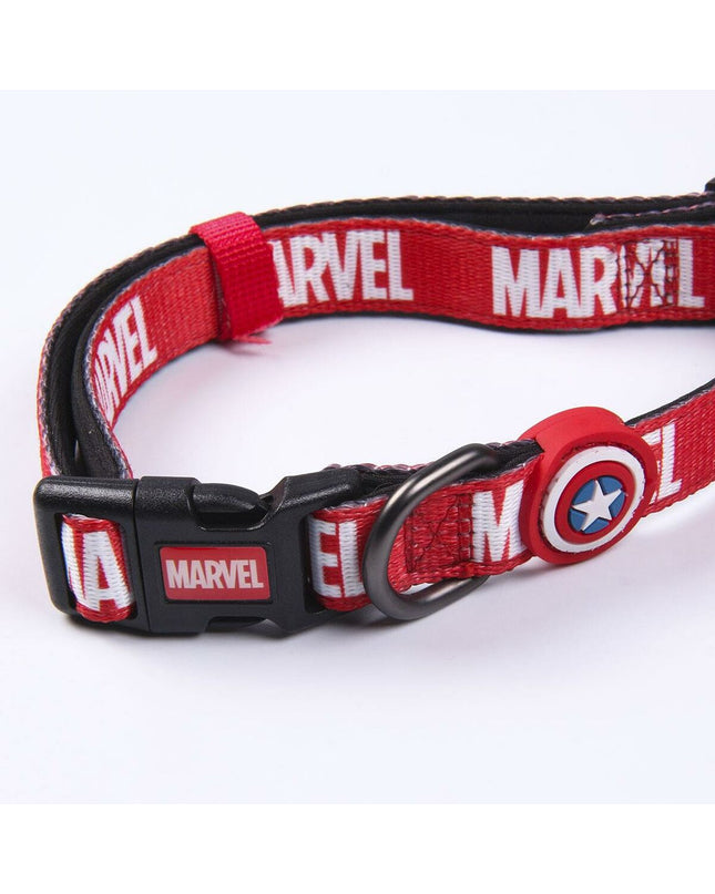 Red Marvel dog collar made of durable material, featuring a Marvel logo design for stylish pet accessories.