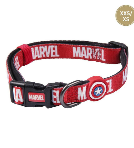 Red Marvel dog collar with adjustable strap and metal buckle, designed for comfortable and secure fit for dogs.