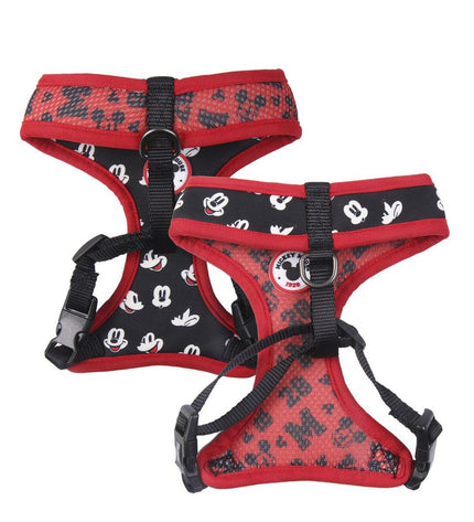 Mickey Mouse dog harness featuring a colorful Mickey Mouse design on black nylon, adjustable straps for a comfortable fit.