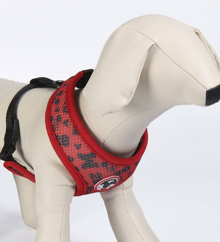 Mickey Mouse dog harness with adjustable straps and cartoon Mickey Mouse design on black fabric for small to medium dogs.