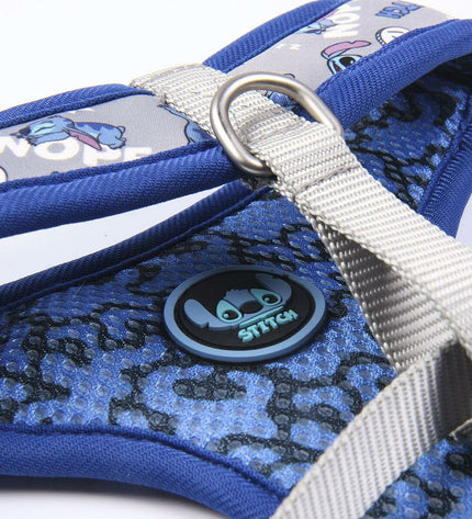 Dark blue Stitch dog harness with adjustable straps and metal D-ring for leash attachment, suitable for small to medium dogs.