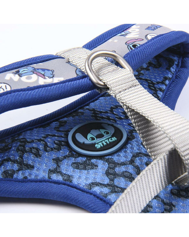 Dark blue Stitch dog harness with adjustable straps and metal D-ring for leash attachment, suitable for small to medium dogs.