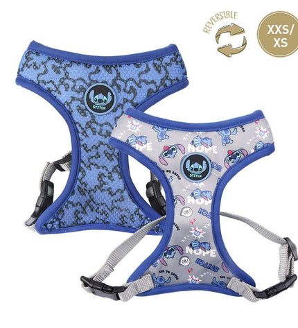 Dark blue Stitch dog harness with adjustable straps and metal buckle, designed for comfortable and secure fit.