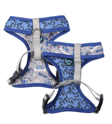 Dark blue Stitch dog harness with padded straps and metal D-ring for leash attachment, designed for comfortable fit.