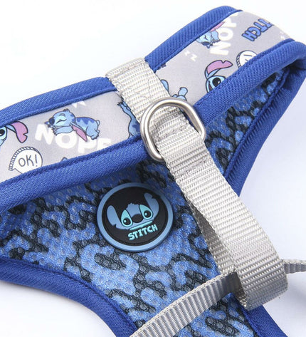Dark blue Stitch dog harness with adjustable straps and metal D-ring for leash attachment, designed for comfortable fit.