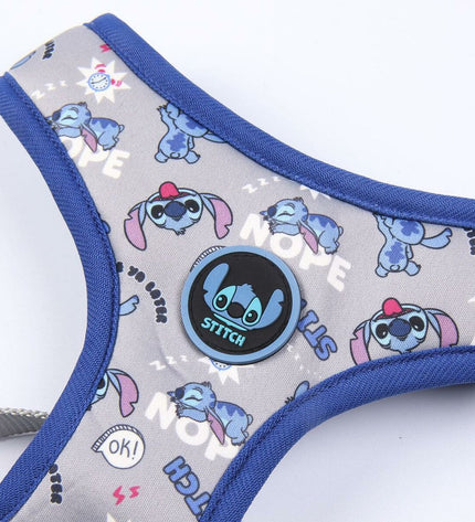 Dark blue Stitch dog harness with padded straps, durable nylon material, and adjustable fit for comfortable dog walking.