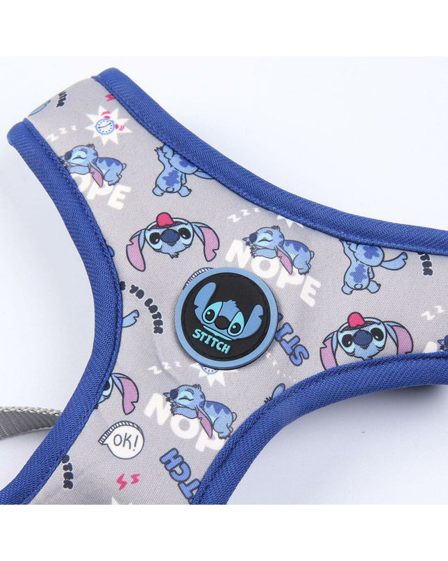 Dark blue Stitch dog harness with padded straps, durable nylon material, and adjustable fit for comfortable dog walking.