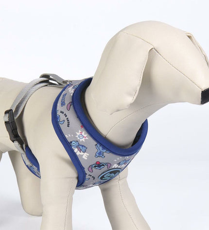 Dark blue Stitch dog harness with adjustable straps and stitching details, designed for comfortable and secure fit.