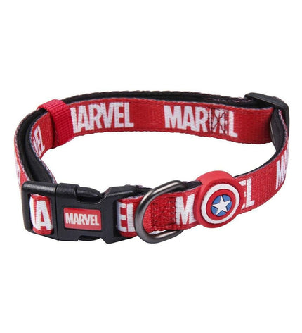 Red Marvel dog collar with adjustable strap and metal buckle, designed for comfortable and stylish pet wear.