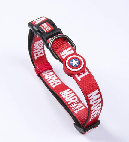 Red Marvel dog collar with adjustable strap and metal buckle, designed for comfortable and stylish pet wear.