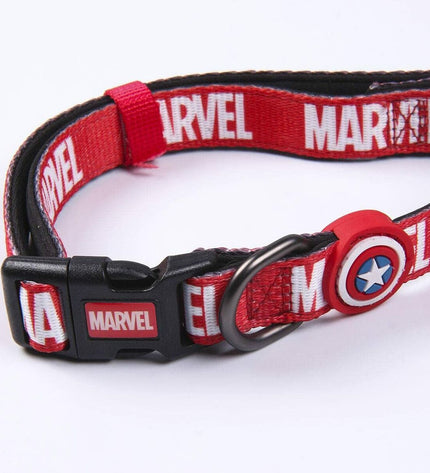 Red Marvel dog collar with Marvel logo, made for pets, featuring a sturdy design and comfortable fit for dogs.