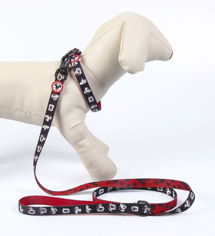 Mickey Mouse dog leash with black handle and red nylon strap featuring Mickey Mouse print, suitable for small to medium dogs.