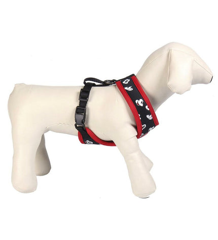 Mickey Mouse dog harness in black with Mickey Mouse print, adjustable straps, and metal D-ring for leash attachment.