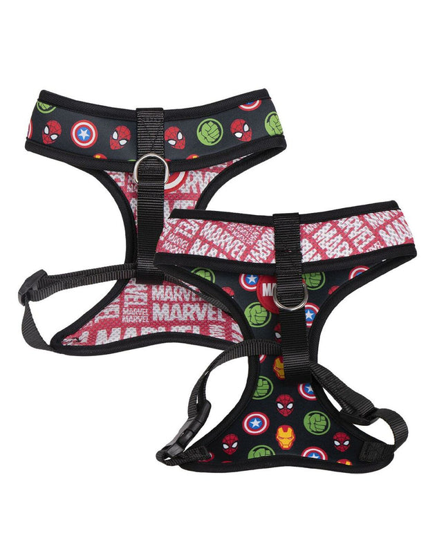Marvel red reversible dog harness for small/medium dogs, showcasing adjustable straps and vibrant red fabric.