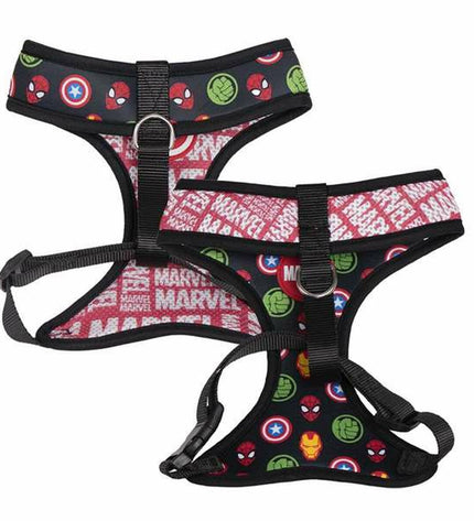 Marvel red reversible dog harness for small/medium dogs, showing adjustable straps and sturdy material in a vibrant red color.