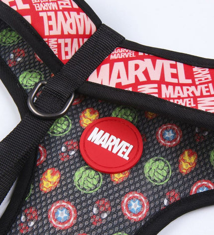 Marvel red reversible dog harness in S/M size, showcasing adjustable straps and Marvel branding on soft, durable material.