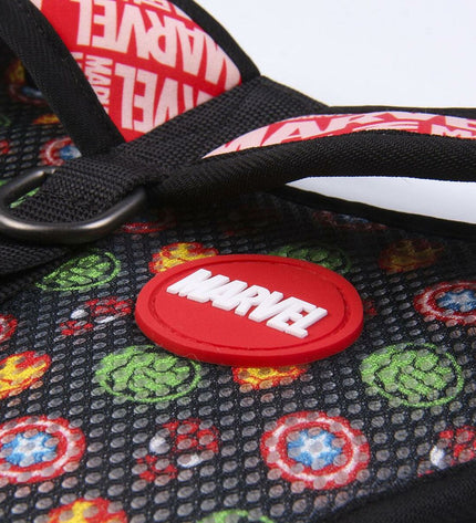 Marvel red reversible dog harness, small/medium size, made for pets, with adjustable straps and Marvel branding visible.