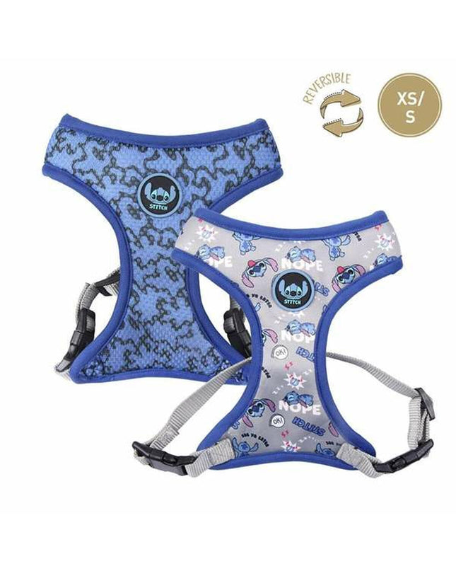 Dark blue Stitch dog harness for small dogs XS/S size, made of durable material, adjustable collar with secure buckle.