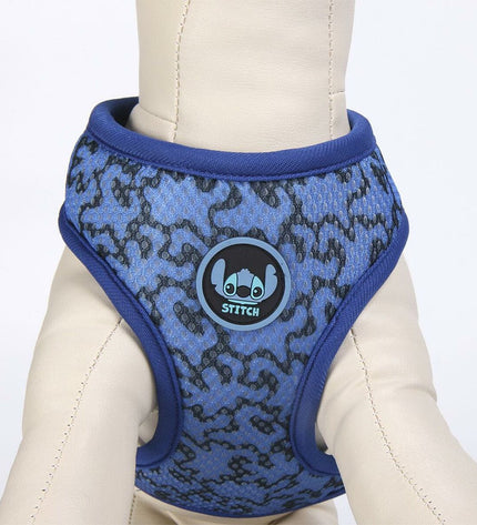 Stitch dark blue dog harness for small sizes XS/S, made of comfortable fabric, fitted on a small dog with adjustable straps.