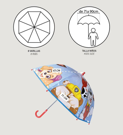 Paw Patrol umbrella with 71cm diameter, featuring characters from The Paw Patrol, suitable for children, with a colorful design.
