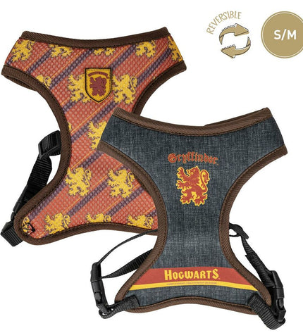 Reversible Harry Potter dog harness featuring themed design, adjustable straps, and comfortable fit for small or medium dogs.