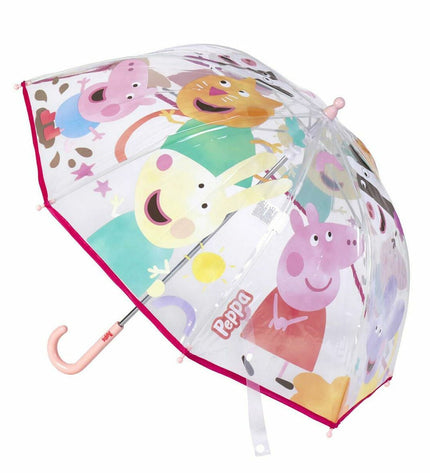 Transparent Peppa Pig umbrella with 71 cm diameter, featuring Peppa Pig characters, designed for kids' luggage and rain protection.