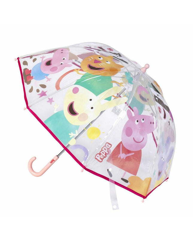 Transparent Peppa Pig umbrella with 71 cm diameter, featuring Peppa Pig characters, designed for kids' luggage and rain protection.