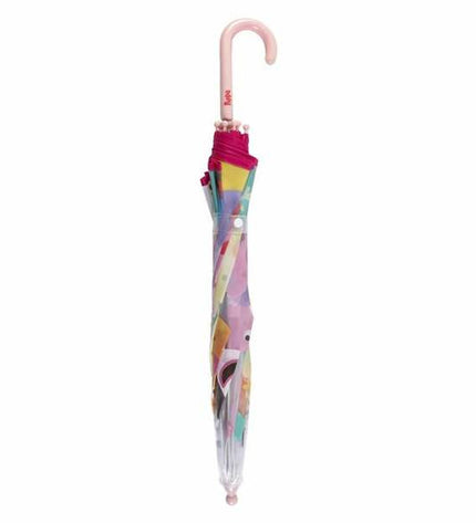 Transparent Peppa Pig umbrella with a 71 cm diameter, featuring Peppa Pig images, ideal for luggage or rain protection.