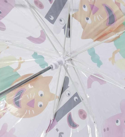Transparent Peppa Pig umbrella with 71 cm diameter, designed for kids, featuring Peppa Pig characters and a sturdy handle.