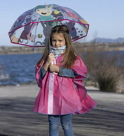 Transparent Peppa Pig umbrella with 71 cm diameter, featuring colorful Peppa Pig characters, perfect for children.