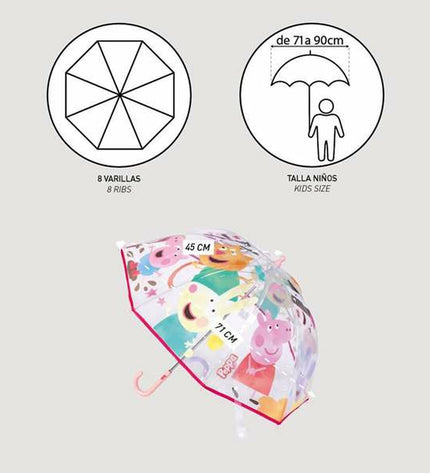 Transparent Peppa Pig umbrella with a 71 cm diameter, featuring Peppa Pig characters, designed for children’s luggage and rain protection.