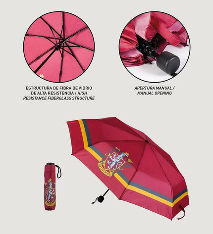 Foldable Harry Potter Gryffindor umbrella, compact bagage umbrella with red and gold design featuring Gryffindor crest.