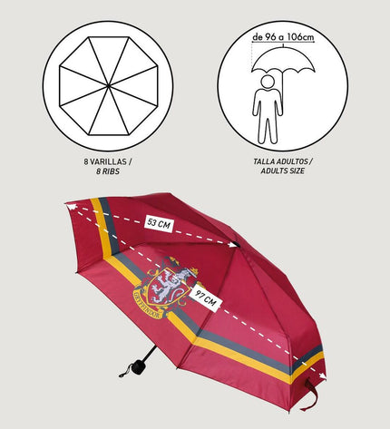 Foldable Harry Potter Gryffindor umbrella, compact baggage umbrella with red and gold design featuring Gryffindor emblem.