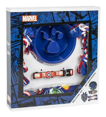 Dog welcome gift set by The Avengers with five parts, featuring blue packaging and dog-friendly accessories.