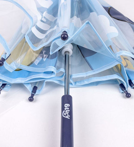 Bluey-themed blue umbrella for kids, 45 cm size, shown with colorful canopy and compact design, ideal for travel and outings.