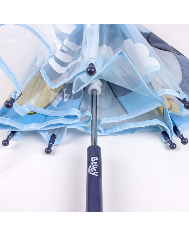 Bluey-themed blue umbrella for kids, 45 cm size, shown with colorful canopy and compact design, ideal for travel and outings.