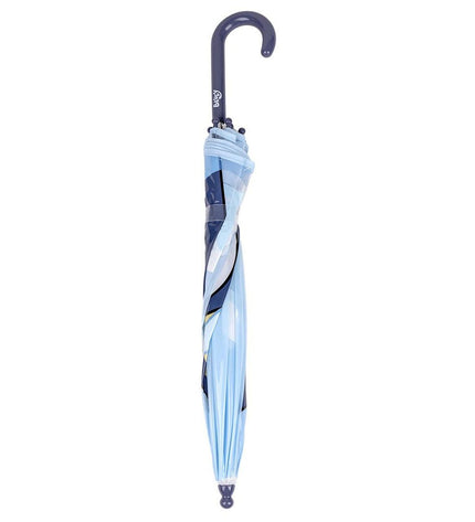 Bluey brand blue umbrella with 45 cm canopy, compact design, featuring colorful Bluey character illustrations.