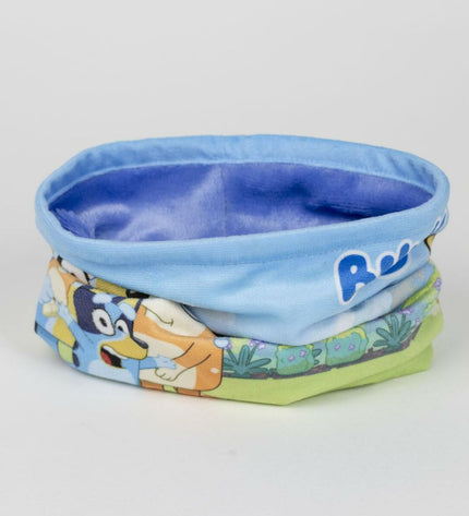 Bluey Nekwarmer in vibrant blue, designed for outdoor activities like camping and hiking, with a cozy, warm fabric appearance.