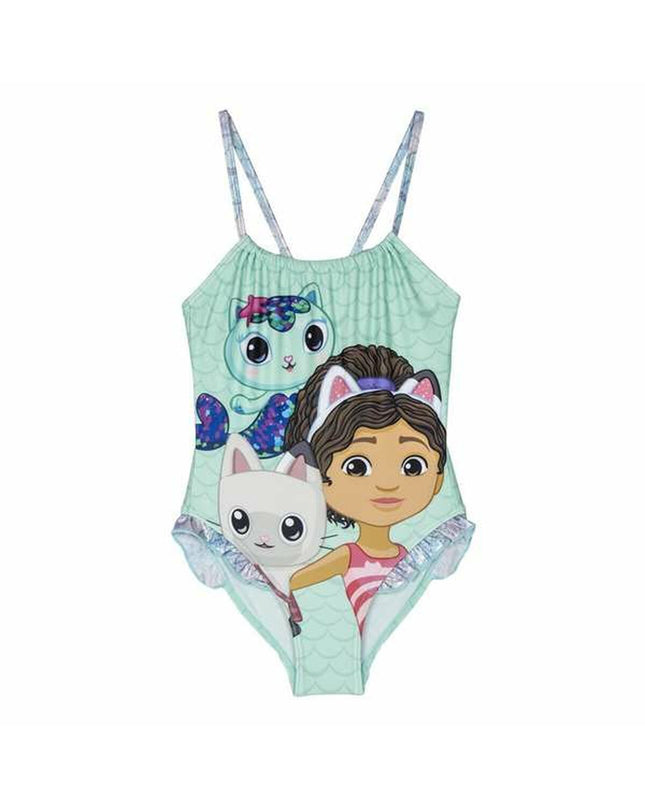 Gabby's Dollhouse girls' swimsuit for watersports, colorful one-piece swimwear with fun dollhouse design, suitable for outdoor swimming.