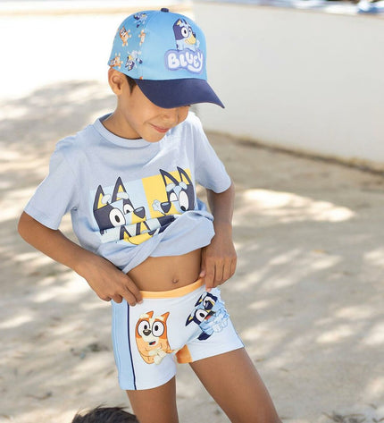 Bluey boys' light blue swim trunks for boys, suitable for sports and watersport activities, featuring a comfortable fit.