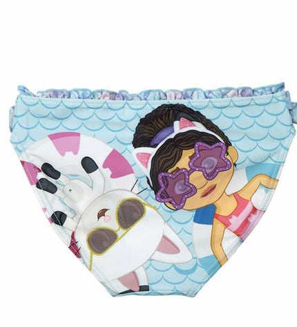 Girls' Gabby's Dollhouse swimwear for 4-year-olds, sporty and waterproof, featuring colorful dollhouse-themed design.
