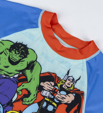 Blue The Avengers sports T-shirt featuring superhero design, ideal for outdoor watersport activities.