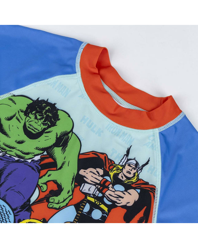 Blue The Avengers sports T-shirt featuring superhero design, ideal for outdoor watersport activities.