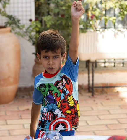 The Avengers blue sports T-shirt for watersport activities, featuring a vibrant design and comfortable fit, suitable for outdoor use.