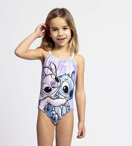 Girls' Stitch swimwear, sporty and outdoor watersport swimsuit featuring Stitch character print, suitable for swimming and water activities.