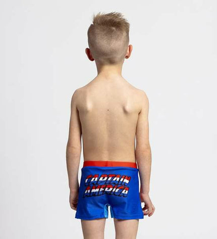 Dark blue boys' Avengers swim trunks for sports and outdoor watersports, featuring superhero-themed design and comfortable fit.