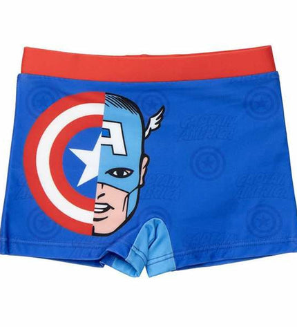 Dark blue boys' Avengers swim trunks, sport and outdoor watersport shorts with superhero print, made by The Avengers.