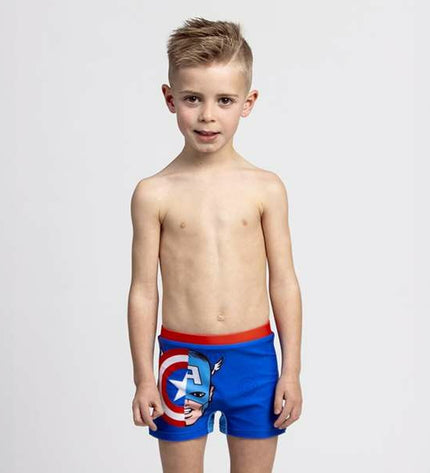 Dark blue boys' swim trunks featuring The Avengers logo, ideal for sport and outdoor water activities.
